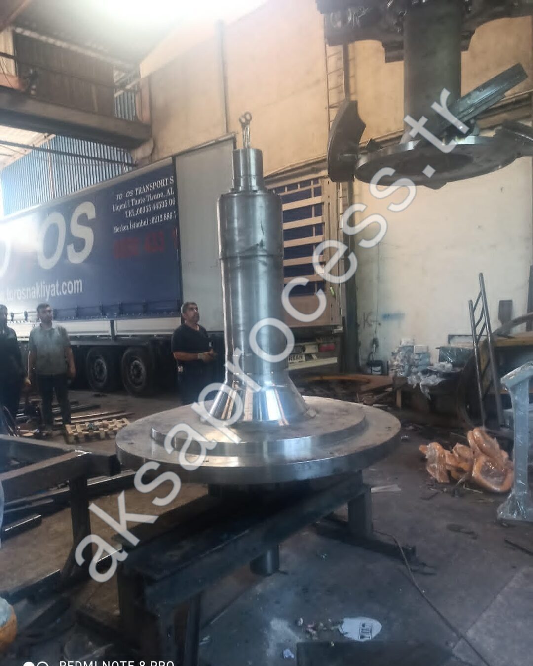 A finished classifier rotor on its stand in the workshop, ready for dispatch by truck