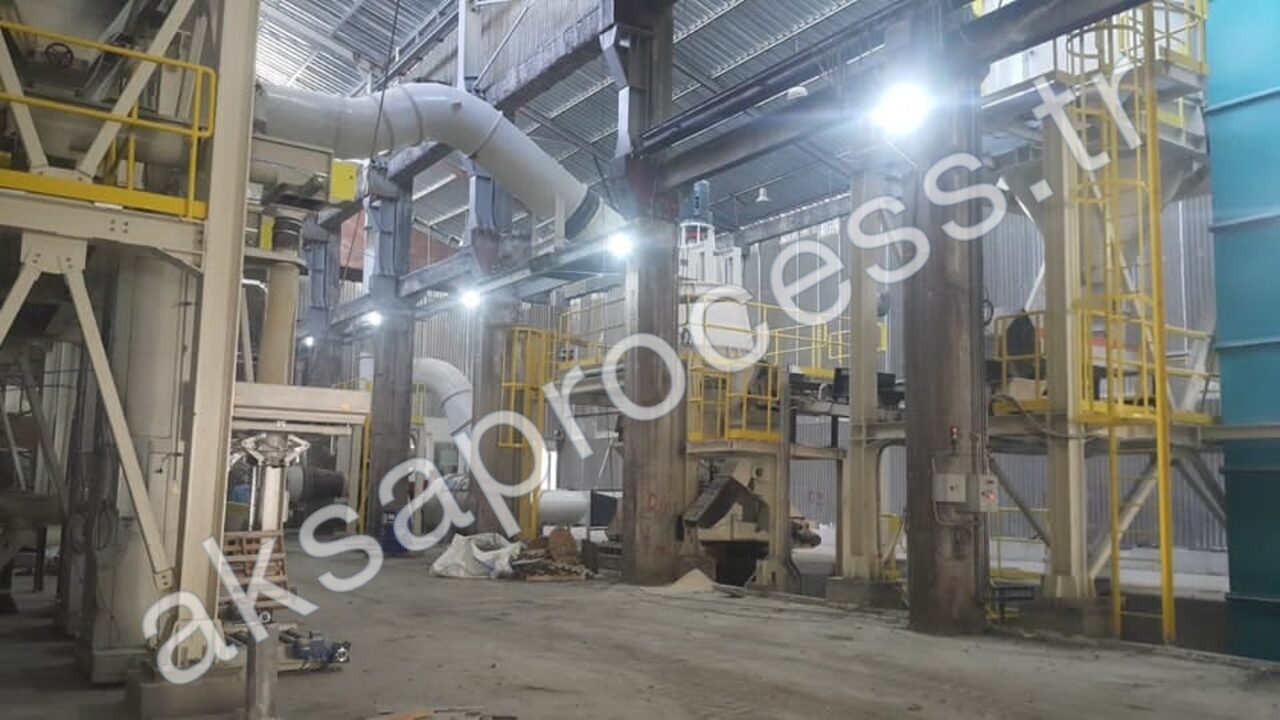 Grinding and classification bay of an installed plant with ducting, mill, and silos