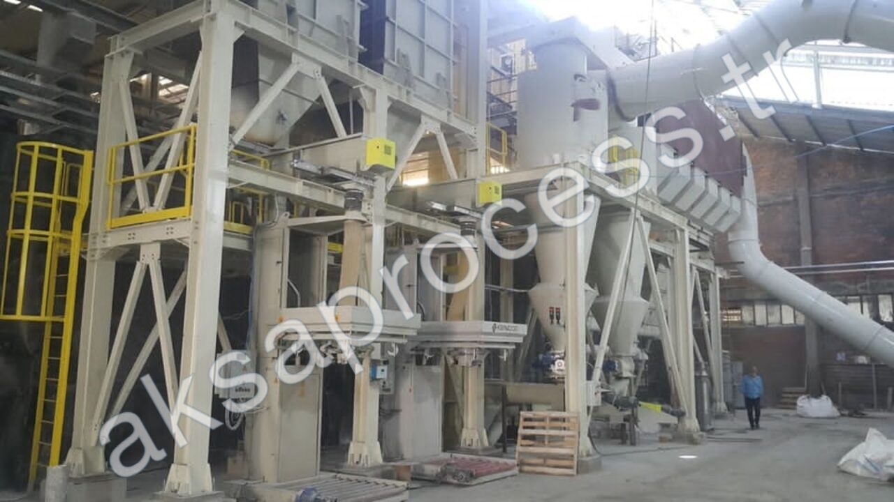 Big-bag packing stations under the steel structure of an installed grinding and classification plant