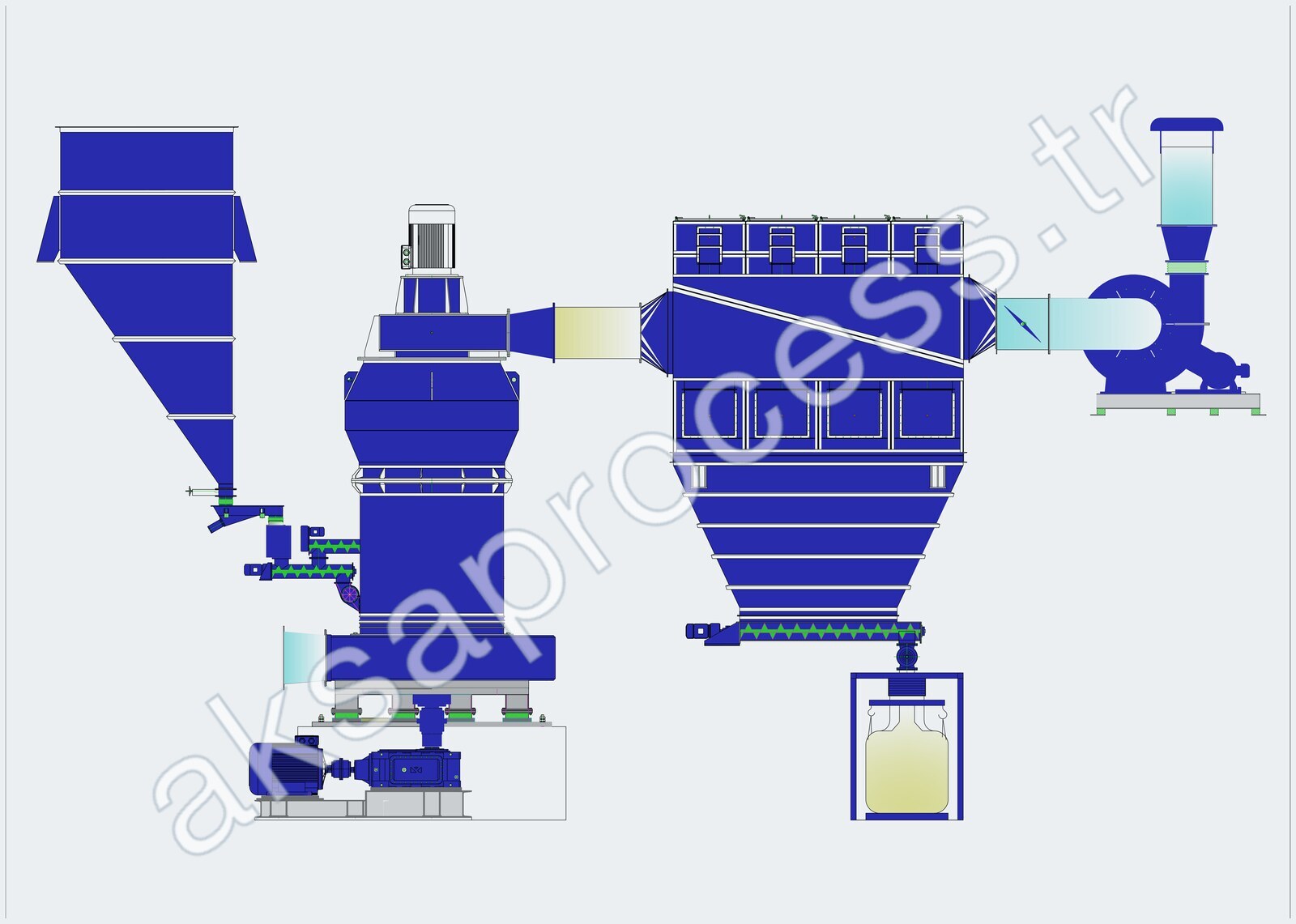 Side elevation of an open-circuit pendulum mill grinding line from our plant engineering: feed hopper, pendulum roller mill with classifier, jet dedusting filter with big-bag station, and system fan